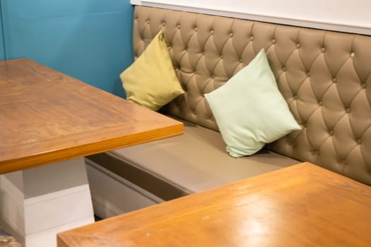 Interior design of coffee shop wooden table, stock photo