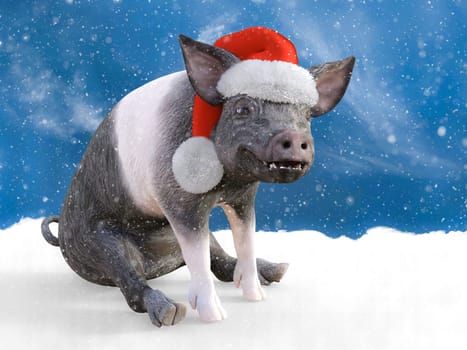 3D rendering of a piglet sitting down in snow looking happy and wearing a Santa hat. Snowy background.