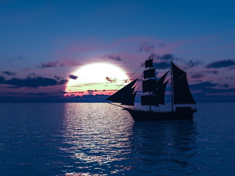3D rendering of an old merchant ship or schooner out at sea at sunset.