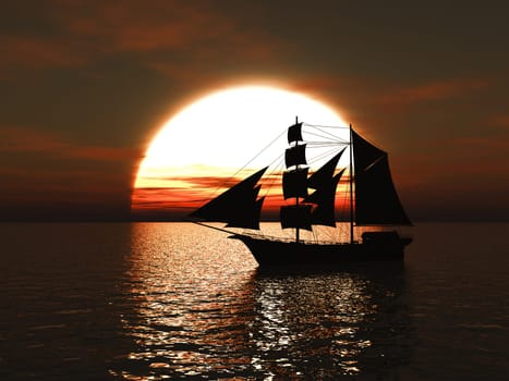 3D rendering of an old merchant ship or schooner out at sea at sunset.