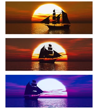 3D rendering of a collection of three banners with merchant ships or schooners at sea at sunset.
