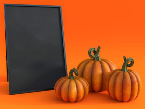 3D rendering of a halloween fall pumpkin greeting card with a blackboard to write your message on and three pumpkins.