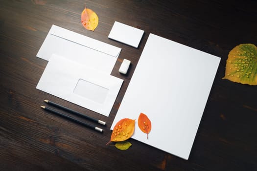 Blank branding identity set and bright autumn leaves with water droplets on wooden background. Corporate stationery template.