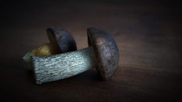 Birch mushroom (Leccinum scabrum) and a bay bolete (Imleria badia) on a kitchen table
