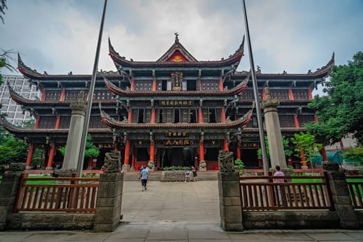 Chengdu, China -  July 2019 : Gates to the courtyard in front of an impressive temple in Wenshu Monastery