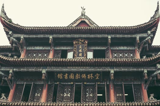Chengdu, China -  July 2019 : Front facade of an impressive temple in Wenshu Monastery