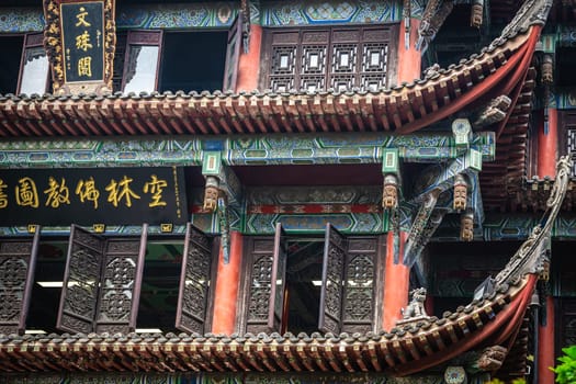 Chengdu, China -  July 2019 : Architectual detail of the impressive temple in Wenshu Monastery