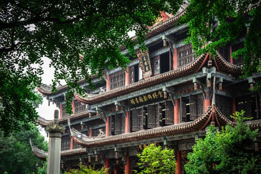 Chengdu, China -  July 2019 : Front facade of an impressive temple in Wenshu Monastery