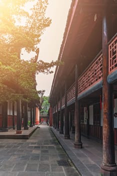 Chengdu, China -  July 2019 : Courtyard and walking path in Wenshu Monastery, Chengdu, China