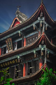 Chengdu, China -  July 2019 : Front facade of an impressive temple in Wenshu Monastery