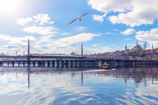 Halic Metro Bridge and famous Mosques of Istanbul, Turkey.
