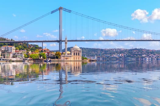 Ortakoy Mosque and the Bosphorus Bridge, view from the sea, Istanbul.
