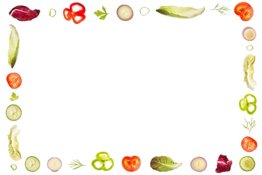 Frame of lettuce ingredients like romain lettuce,peppers,onions,dill and parsley,tomatos,radicchio and scallions. With a lot of copy-space. Good for menu cards, invitation letters or recipes.