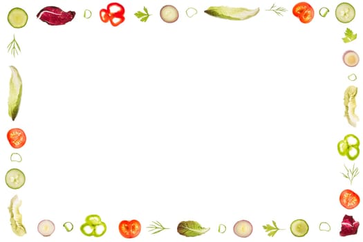 Frame of lettuce ingredients like romain lettuce,peppers,onions,dill and parsley,tomatos,radicchio and scallions. With a lot of copy-space. Good for menu cards, invitation letters or recipes.