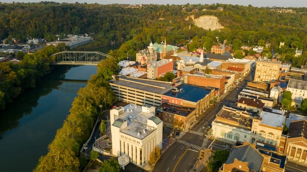 The Kentucky River meanders along framing the downtown urban core of Frankfort KY