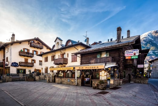 Livigno, Italy, April 2016 Traditional Alpine wooden architecture in the village, Livigno is a ski centre for Italian Alps