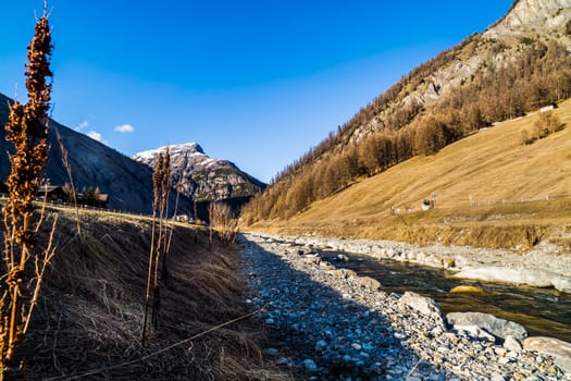 Beautiful mountain valley with stream, trees, wooden fence and footpath, Livingo village in background, Italy, Alps
