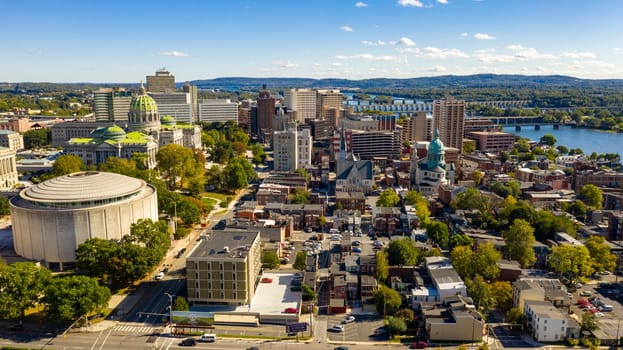 Afternoon light hits the buildings and downtown city center area in Pennsylvania state capital at Harrisburg