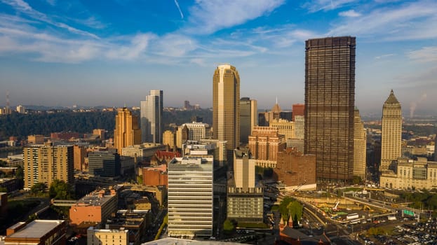 Blue skies and some air pollution linger over the downtown urban city center in Pittsburgh PA