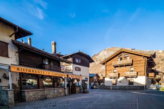 Livigno, Italy, April 2016 Traditional Alpine wooden architecture in the village, Livigno is a ski centre for Italian Alps