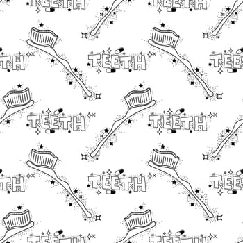 Doodle Medical Seamless Pattern with Toothbrush Isolated on White Background. Oral Hygiene Concept. Cleaning of Oral Cavity