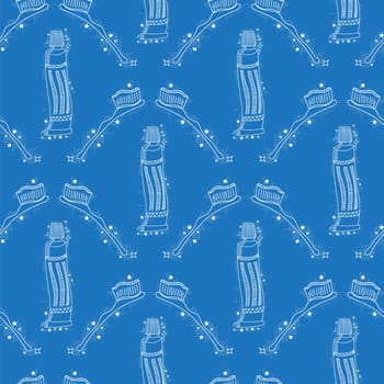 Doodle Medical Seamless Pattern with Toothbrush Isolated on Blue Background. Oral Hygiene Concept. Cleaning of Oral Cavity.