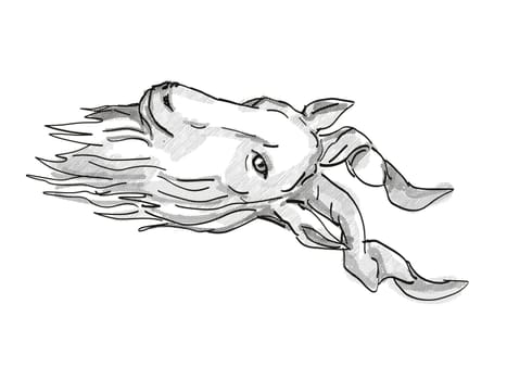 Retro cartoon style drawing of head of a markhor, a wild goat that is found in mountainous regions of western and central Asia and an endangered wildlife species done in black and white.