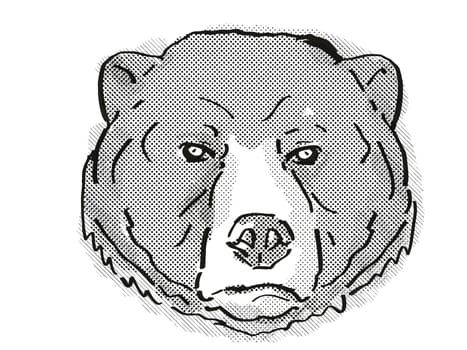 Retro cartoon style drawing of head of a Sun Bear or Helarctos malayanus, an endangered wildlife species on isolated white background done in black and white.