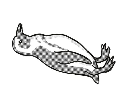 Retro cartoon mono line style drawing of an African Penguin or Spheniscus demersus, an endangered wildlife species on isolated white background done in black and white full body.
