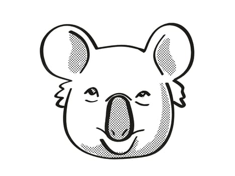 Retro cartoon mono line style drawing of head of a Koala or Phascolarctos Cinereus, Australia's most iconic fluffy marsupial, an endangered wildlife species on isolated white background done in black and white.
