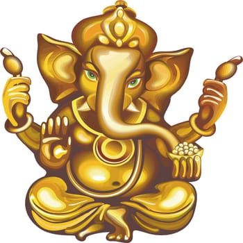 seated golden Ganesha green eyes hindu lord faith mythology bless god illustration