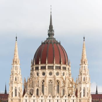 Hungarian Parliament Building and Dunabe river, view on dome, Budapest, Hungary