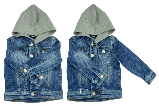 Kids jeans jacket isolated. A stylish fashionable denim blue jacket with a detachable gray hood for the little boy. Children autumn and winter fashion.
