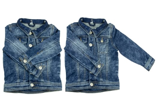 Kids jeans jacket isolated. A stylish fashionable denim blue jacket with a detachable gray hood for the little boy. Children autumn and winter fashion.