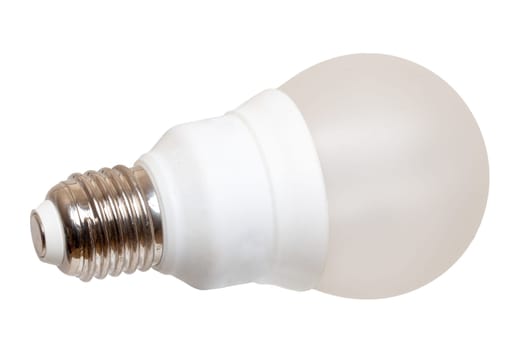 Close-up of a white energy saving compact fluorescent lightbulb or light bulb isolated on a white background. Concept of energy transition and renewable energies. Macro.