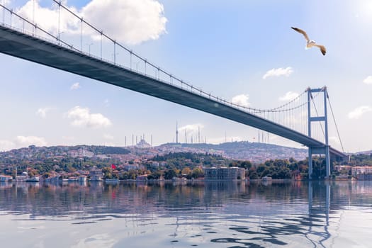 View on the Bosporus Bridge and Beylerbeyi palace on the background, Istanbul.