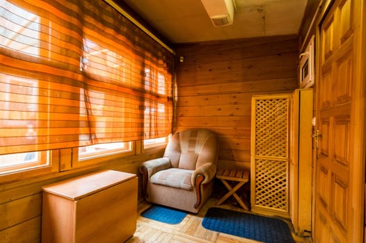 Russia, Moscow- June 11, 2019: interior room apartment. standard repair decoration in hostel. wooden country house