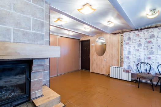 Russia, Moscow- June 11, 2019: interior room apartment. standard repair decoration in hostel. wooden country house
