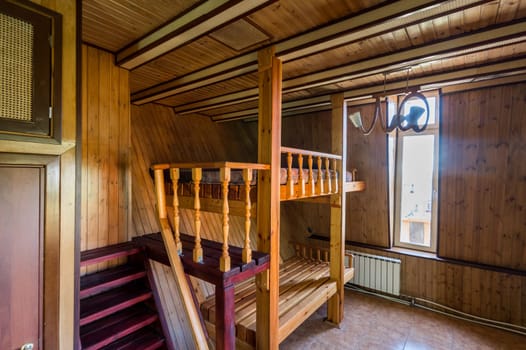 Russia, Moscow- June 11, 2019: interior room apartment. standard repair decoration in hostel. wooden country house