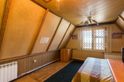 Russia, Moscow- June 11, 2019: interior room apartment. standard repair decoration in hostel. wooden country house