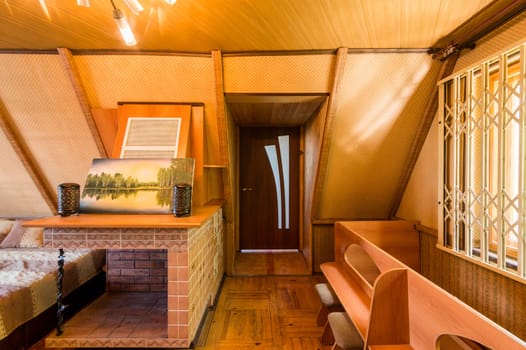 Russia, Moscow- June 11, 2019: interior room apartment. standard repair decoration in hostel. wooden country house