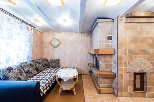 Russia, Moscow- June 11, 2019: interior room apartment. standard repair decoration in hostel. wooden country house