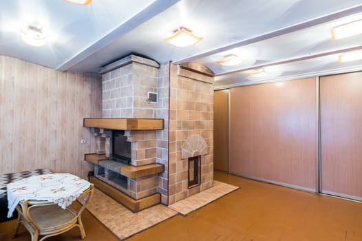 Russia, Moscow- June 11, 2019: interior room apartment. standard repair decoration in hostel. wooden country house