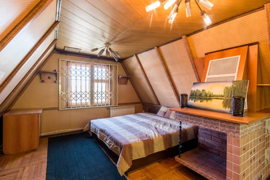 Russia, Moscow- June 11, 2019: interior room apartment. standard repair decoration in hostel. wooden country house