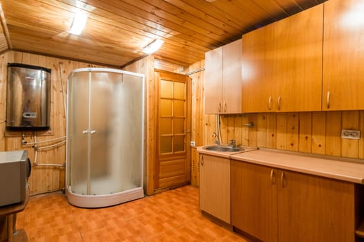 Russia, Moscow- June 11, 2019: interior room apartment. standard repair decoration in hostel. wooden country house