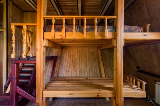 Russia, Moscow- June 11, 2019: interior room apartment. standard repair decoration in hostel. wooden country house