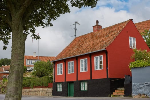Traditional colorful half-timbered houses on Bornholm island in Svaneke Denmark.