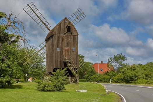 Timbered post mill built in 1629 - the oldest preserved windmill in Denmark, Svaneke, Bornholm island.