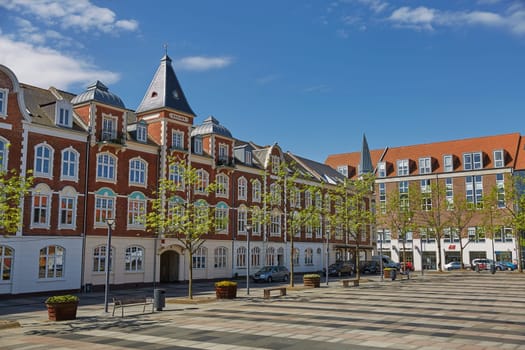FREDERICIA, DENMARK - MAY 24, 2017: Summer morning view of streets in Fredericia city, Denmark. City was founded in 1650 by Frederick III, after whom it was named.