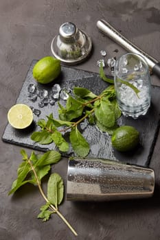 Set of bar tools: cocktail shaker, muddler and glass with ice, lime and mint on dark stone table. Top view. Bartender's tool. Mojito cocktail making.